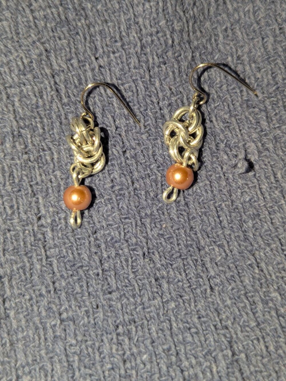 Handmade Silver Tone Knot Chain Maille Earrings with Peach Beads